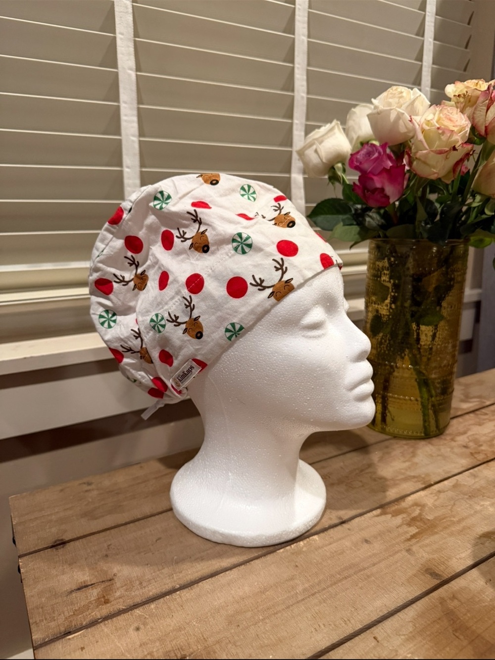 Holiday cheer Reindeer Print Scrub Cap - White